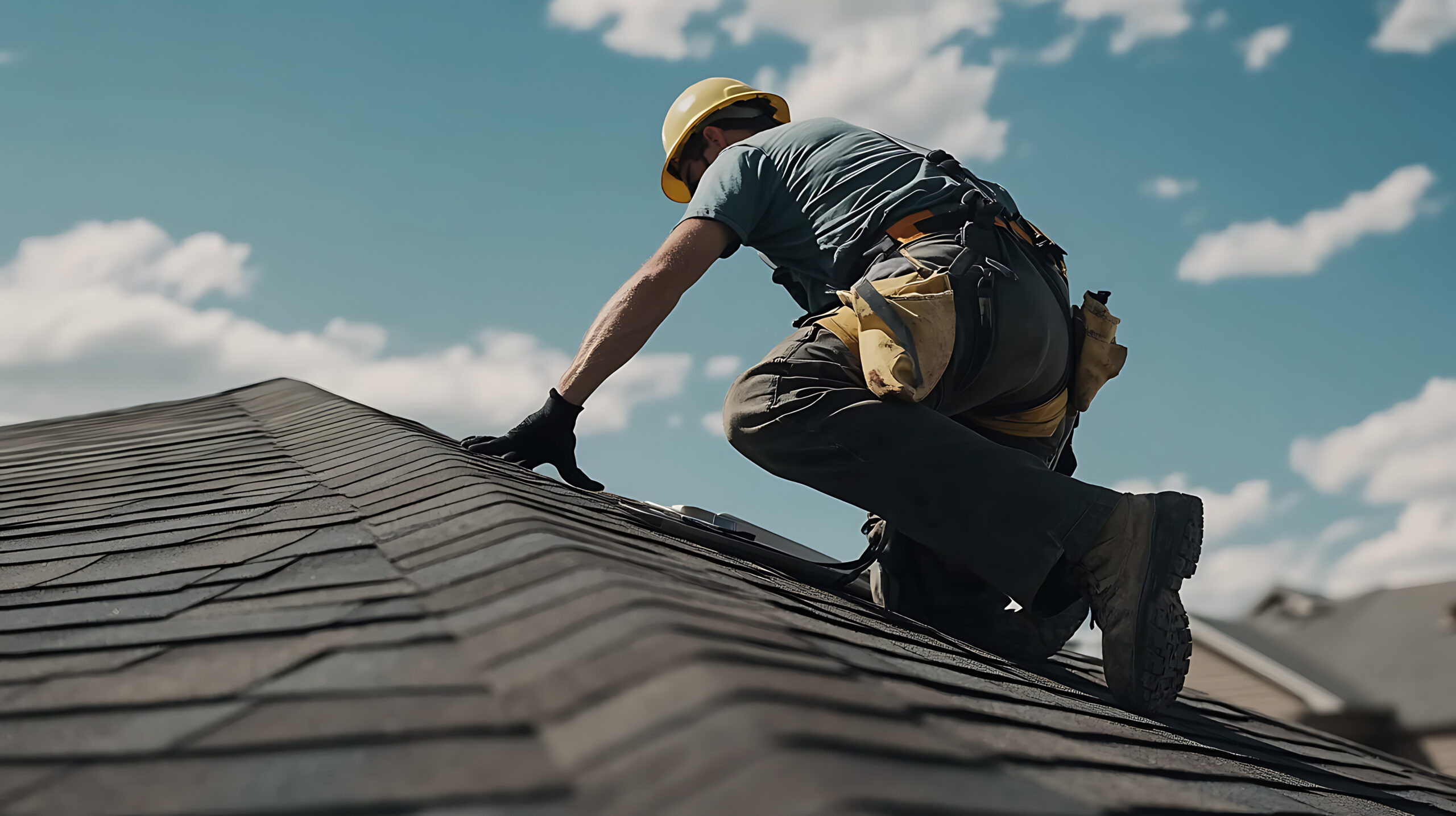 Roofing contractor repairing shingles on a residential home.