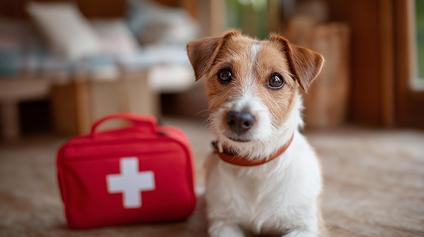 dog sitting on the floor beside a pet first aid kit